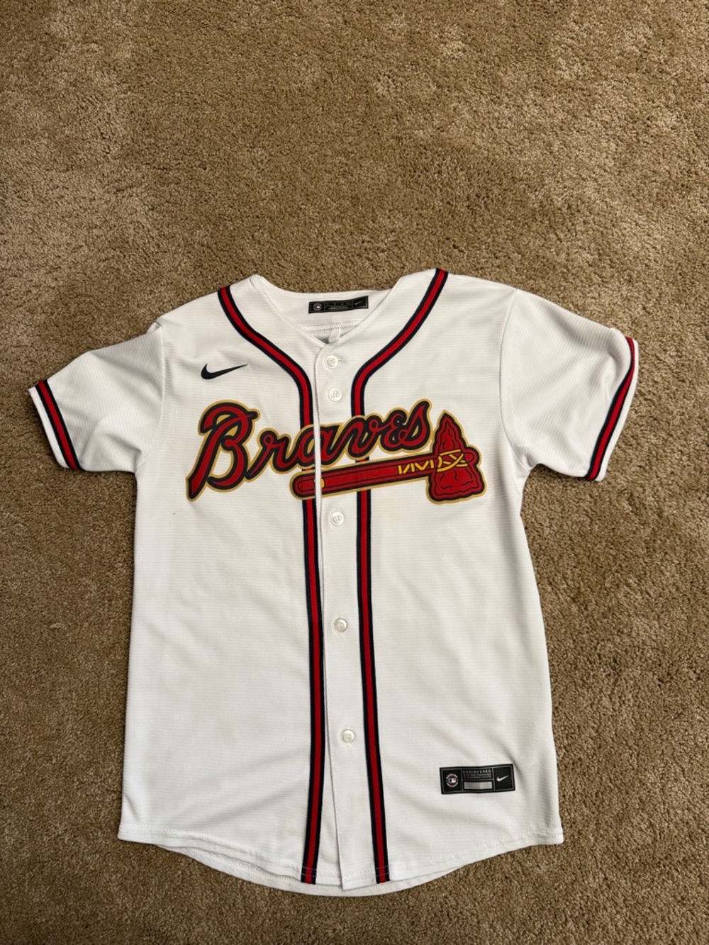 Nike White Braves Youth Baseball Jersey with Red and Navy Trim